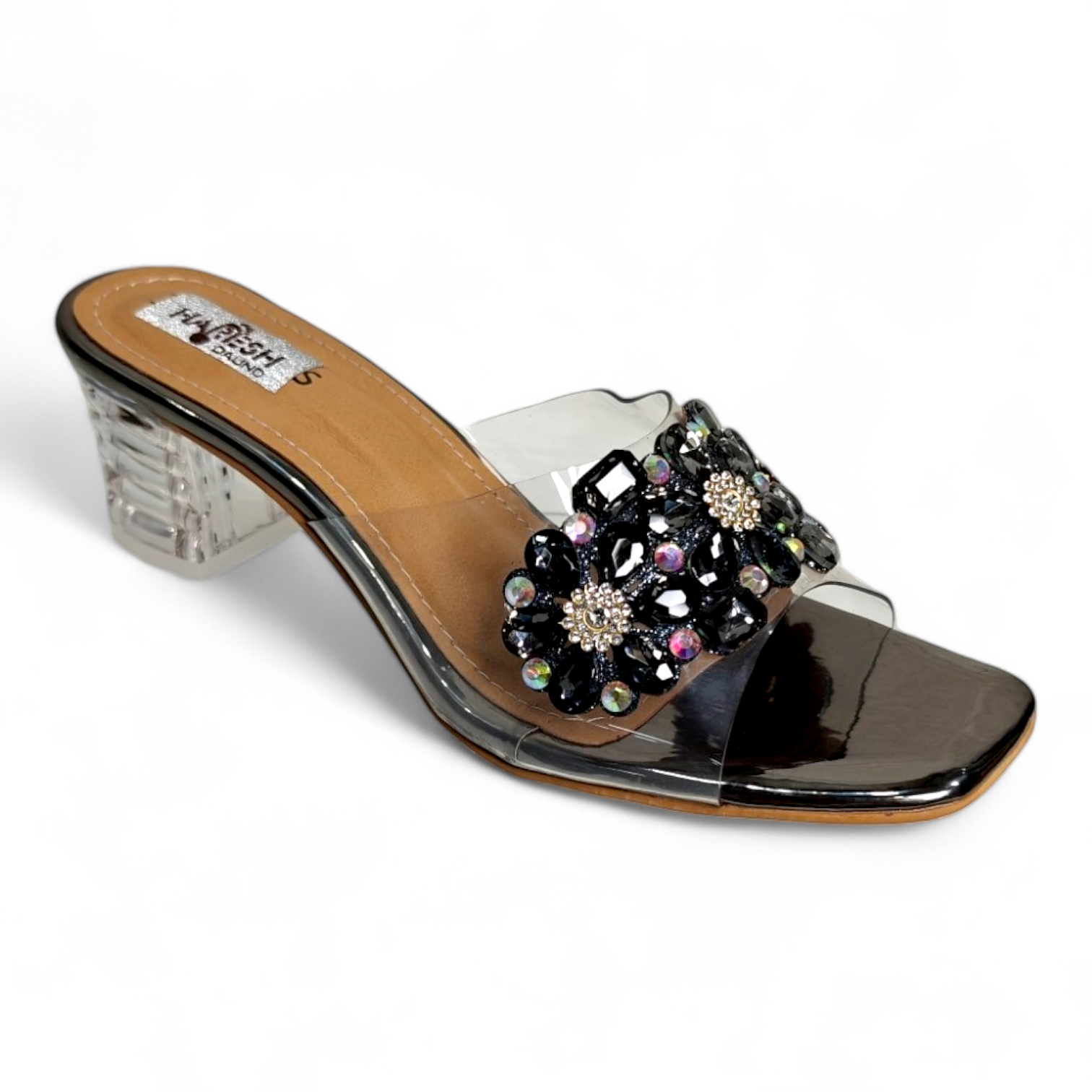 Elegant Grey Occasion Wear Heels with Transparent Heel Diamond Belt
