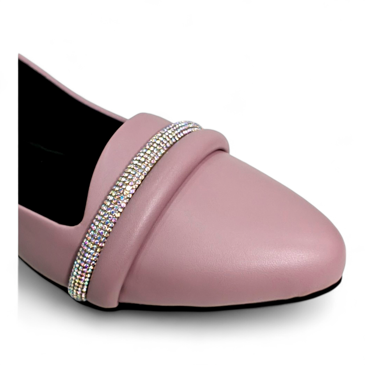 Close-up of the embellished bowtie on top of purplish flat bellies made of soft cotton fabric