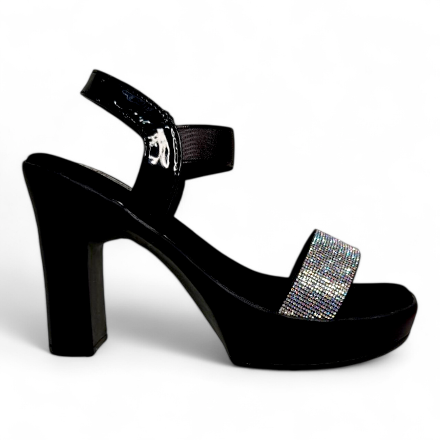 Side view of Black Big Heel Sandal featuring a diamond-embellished belt and sleek black finish