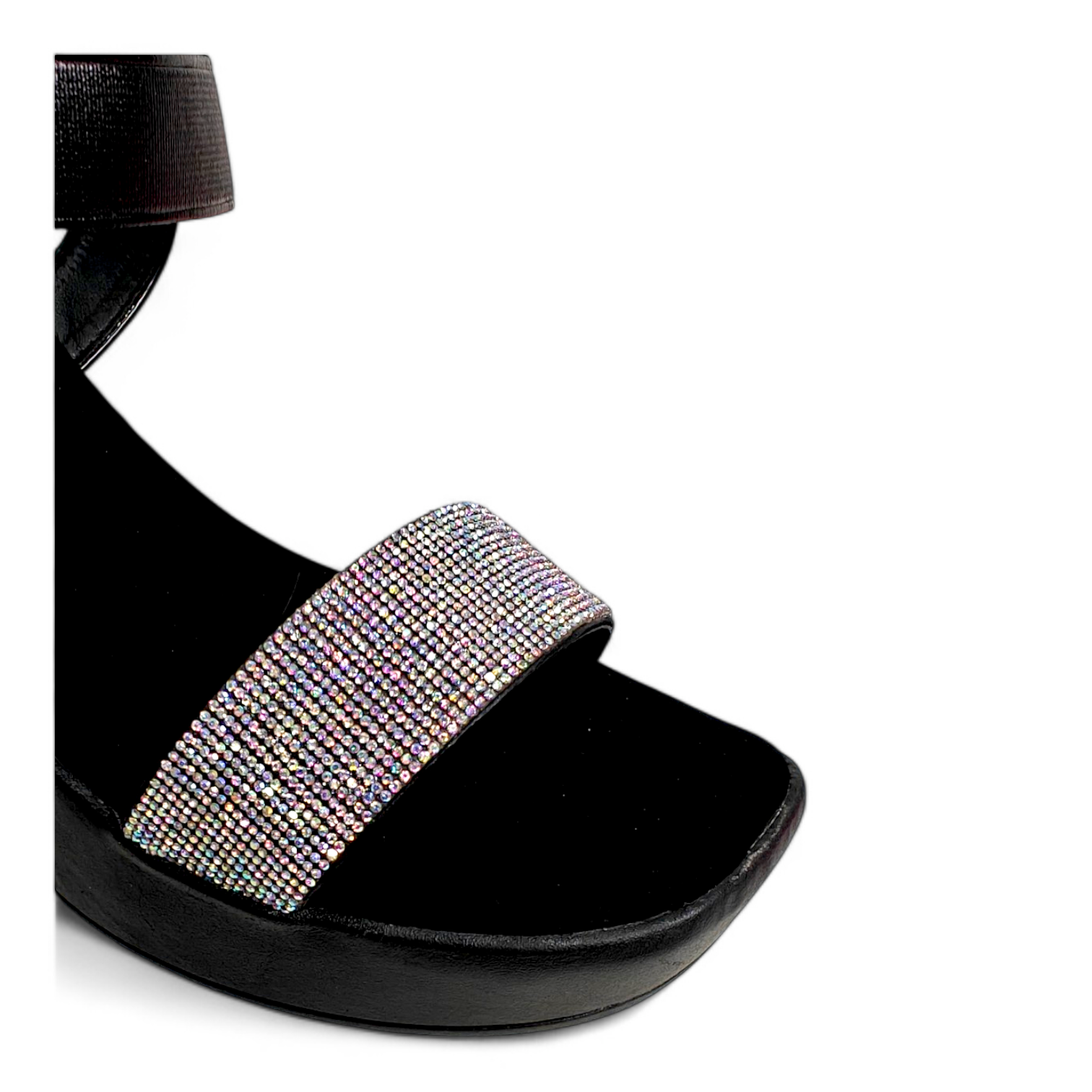 Close-up of Embellished Belt with Diamonds on Black Big Heel Sandal
