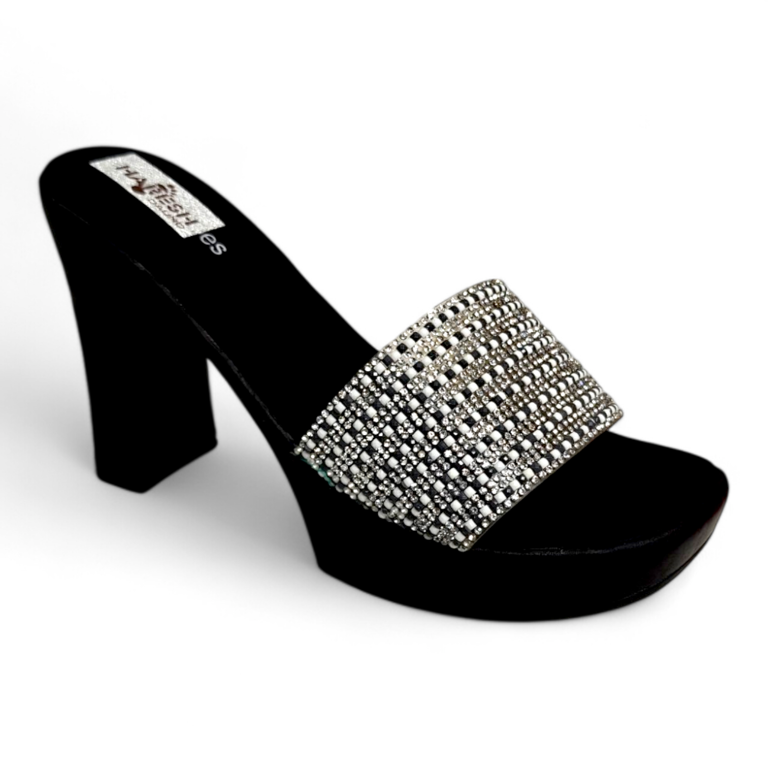 Black big heel sandal with embellished diamond belt and open toe design