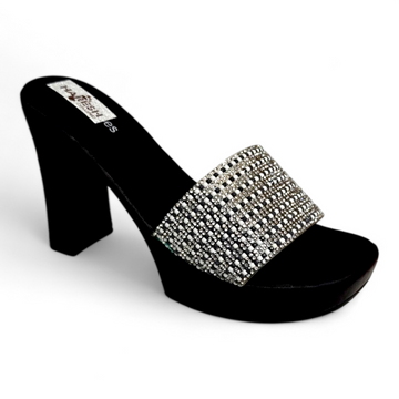 Black big heel sandal with embellished diamond belt and open toe design